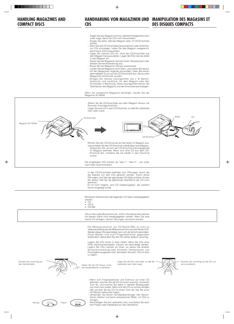 Handling magazines and compact discs, Handhabung von magazinen und cds, Manipulation des magasins et des disques compacts | How to load cds, Einlegen von cds, Chargement des cds, How to handle cds (cd/cd-r/cd-rw), Umgang mit cds (cd/cd-r/cd-rw), Manipulation des cds (cd/cd-r/cd-rw) | JVC CH-X500 User Manual | Page 5 / 6