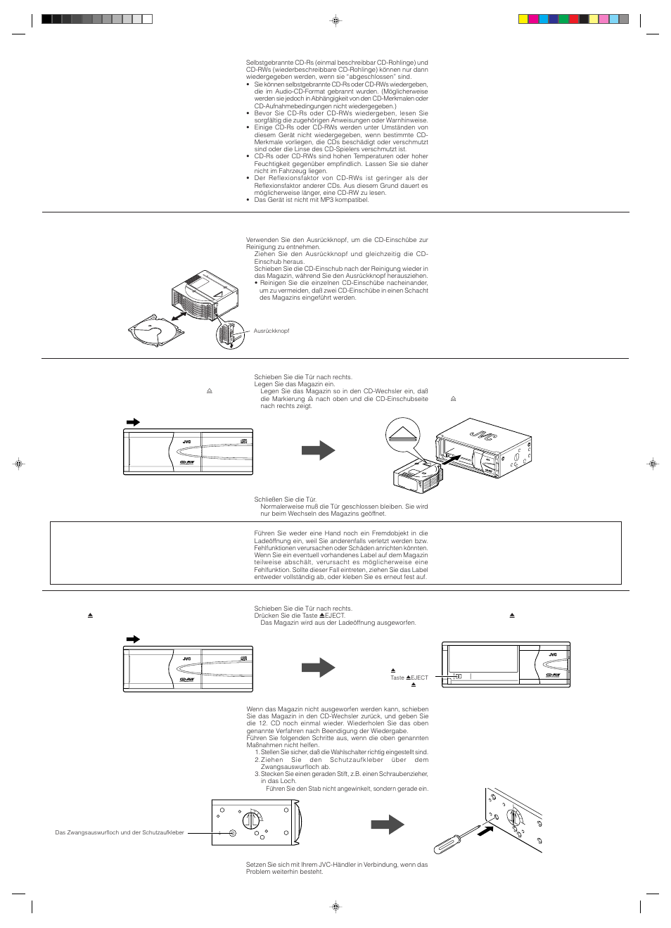 When playing a cd-r or cd-rw, Wiedergeben einer cd-r oder cd-rw, Lors de la reproduction d’un cd-r ou d’un cd-rw | Precaution for using the magazine, Vorsichtsmassnahmen beim verwenden des magazins, Precautions pour l’utilisation du magasin, How to load the magazine, Einlegen des magazins, Chargement d’un magasin, How to unload the magazine | JVC CH-X500 User Manual | Page 6 / 6