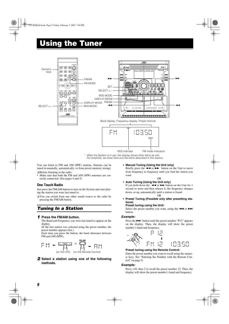 Using the tuner, Tuning in a station 1, One touch radio | Press the fm/am button, Example | JVC CA-MXKA6 User Manual | Page 12 / 39