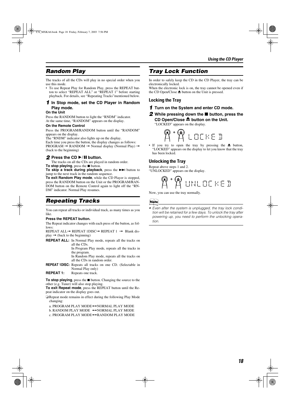 Random play, Repeating tracks, Tray lock function | JVC CA-MXKA6 User Manual | Page 21 / 39