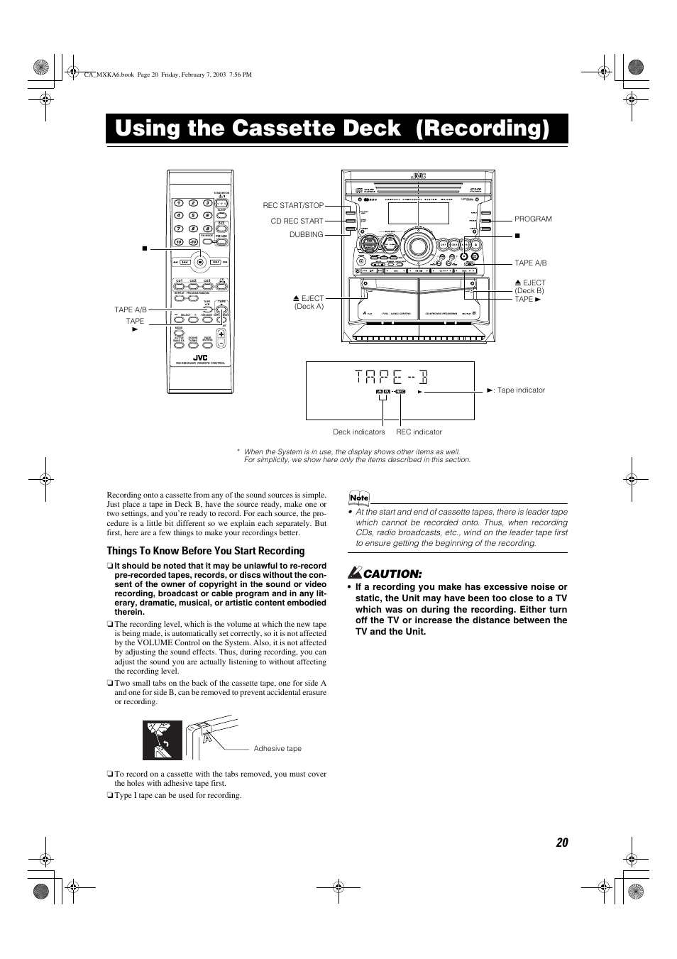 Using the cassette deck (recording), Things to know before you start recording, Caution | JVC CA-MXKA6 User Manual | Page 23 / 39