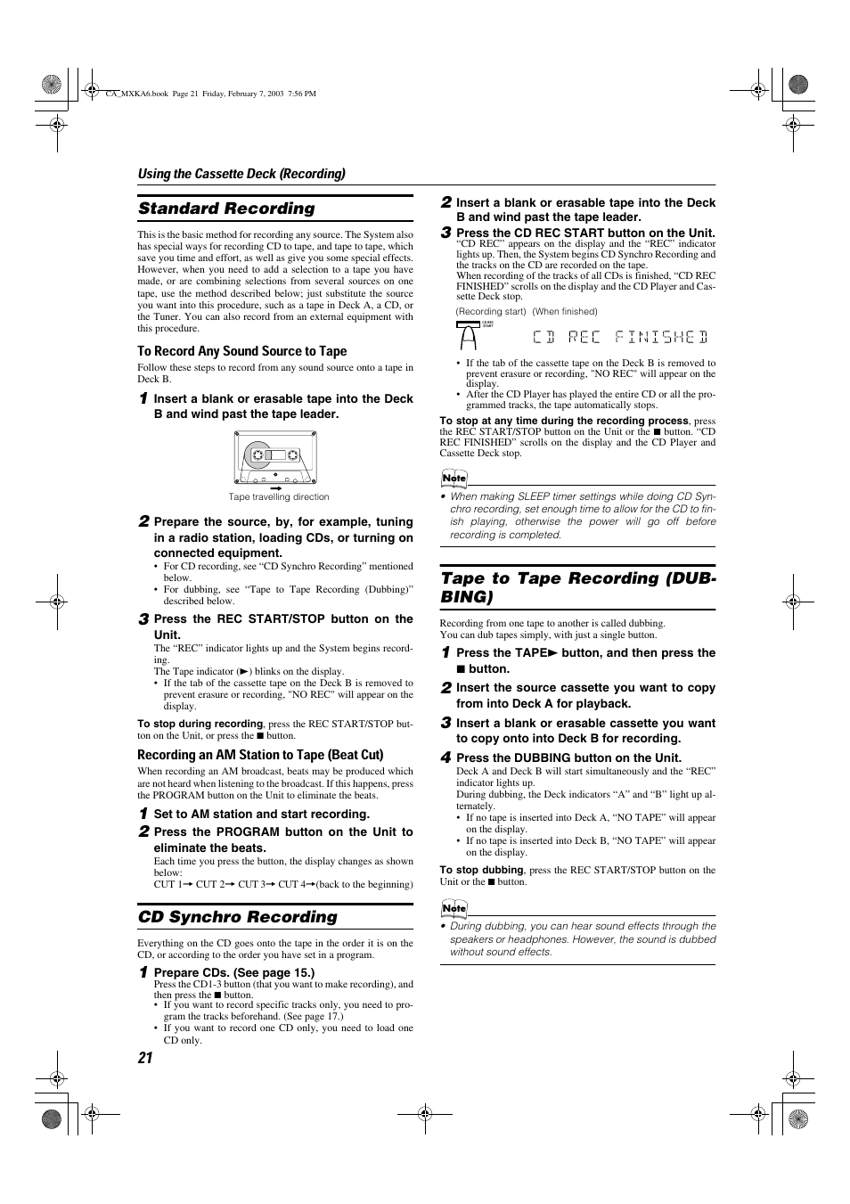 Standard recording, Cd synchro recording, Tape to tape recording (dub- bing) | JVC CA-MXKA6 User Manual | Page 24 / 39