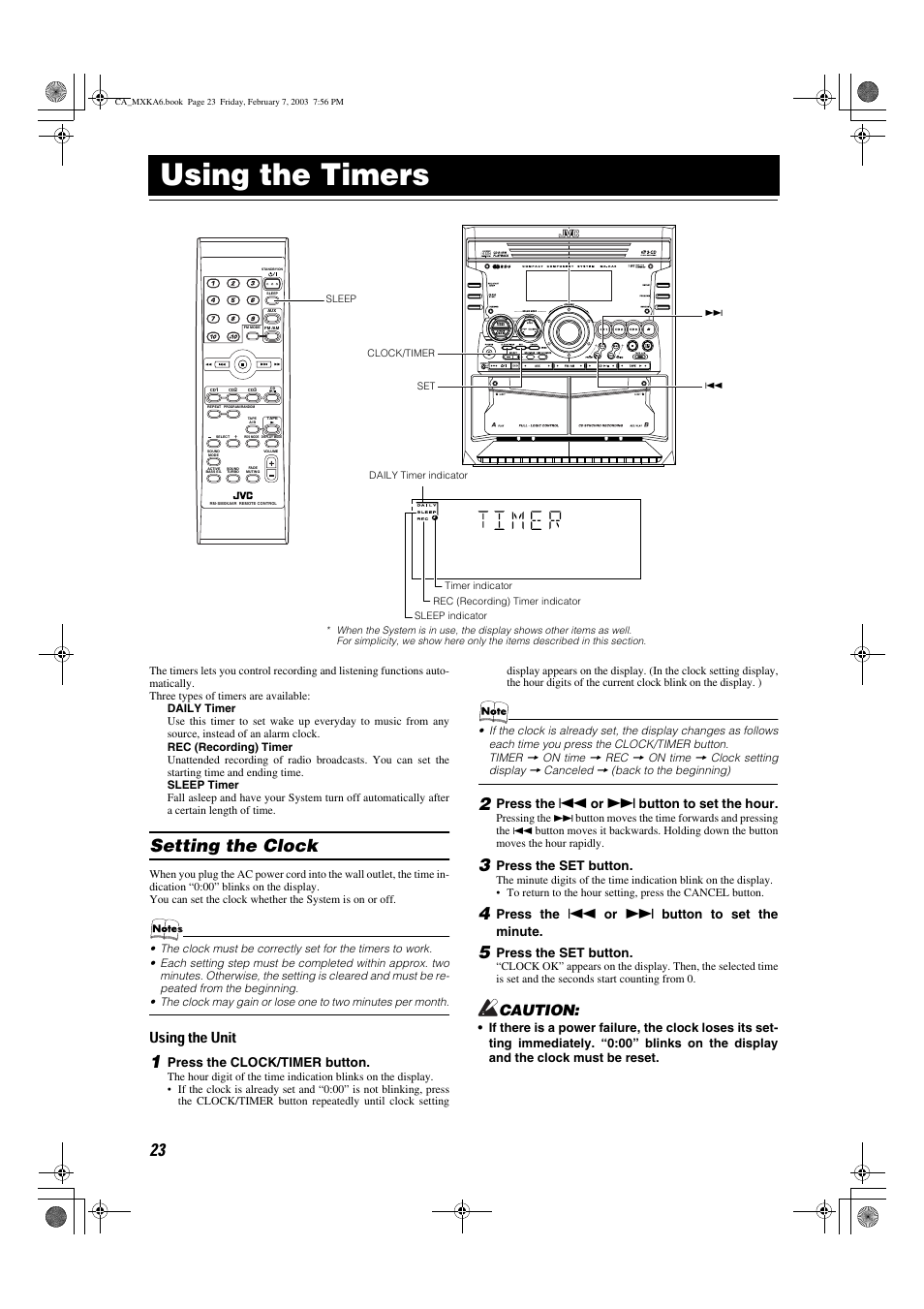 Using the timers, Setting the clock, Using the unit | Caution | JVC CA-MXKA6 User Manual | Page 26 / 39