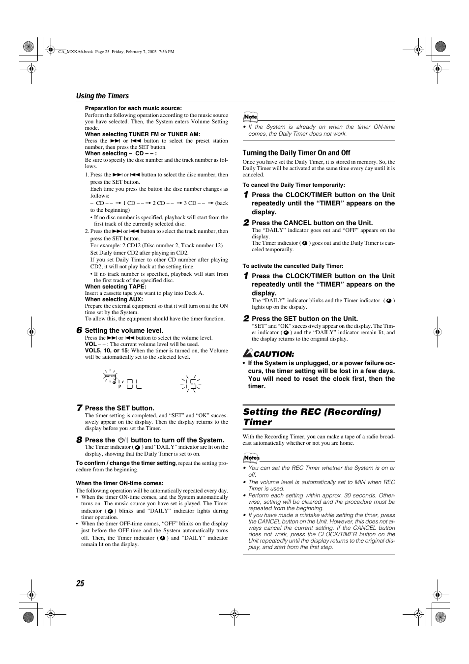 Setting the rec (recording) timer | JVC CA-MXKA6 User Manual | Page 28 / 39