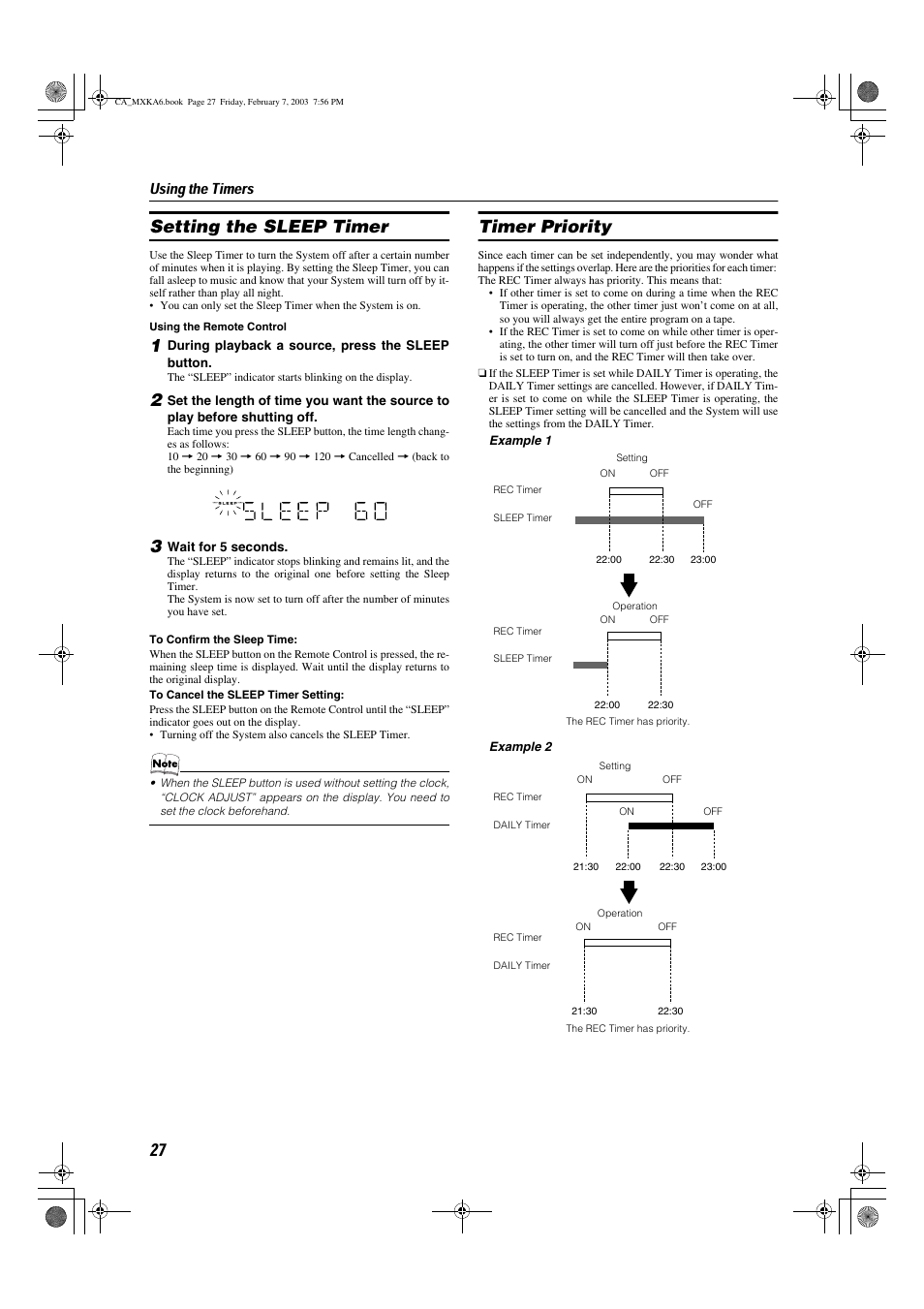 Setting the sleep timer, Timer priority, Using the timers | JVC CA-MXKA6 User Manual | Page 30 / 39