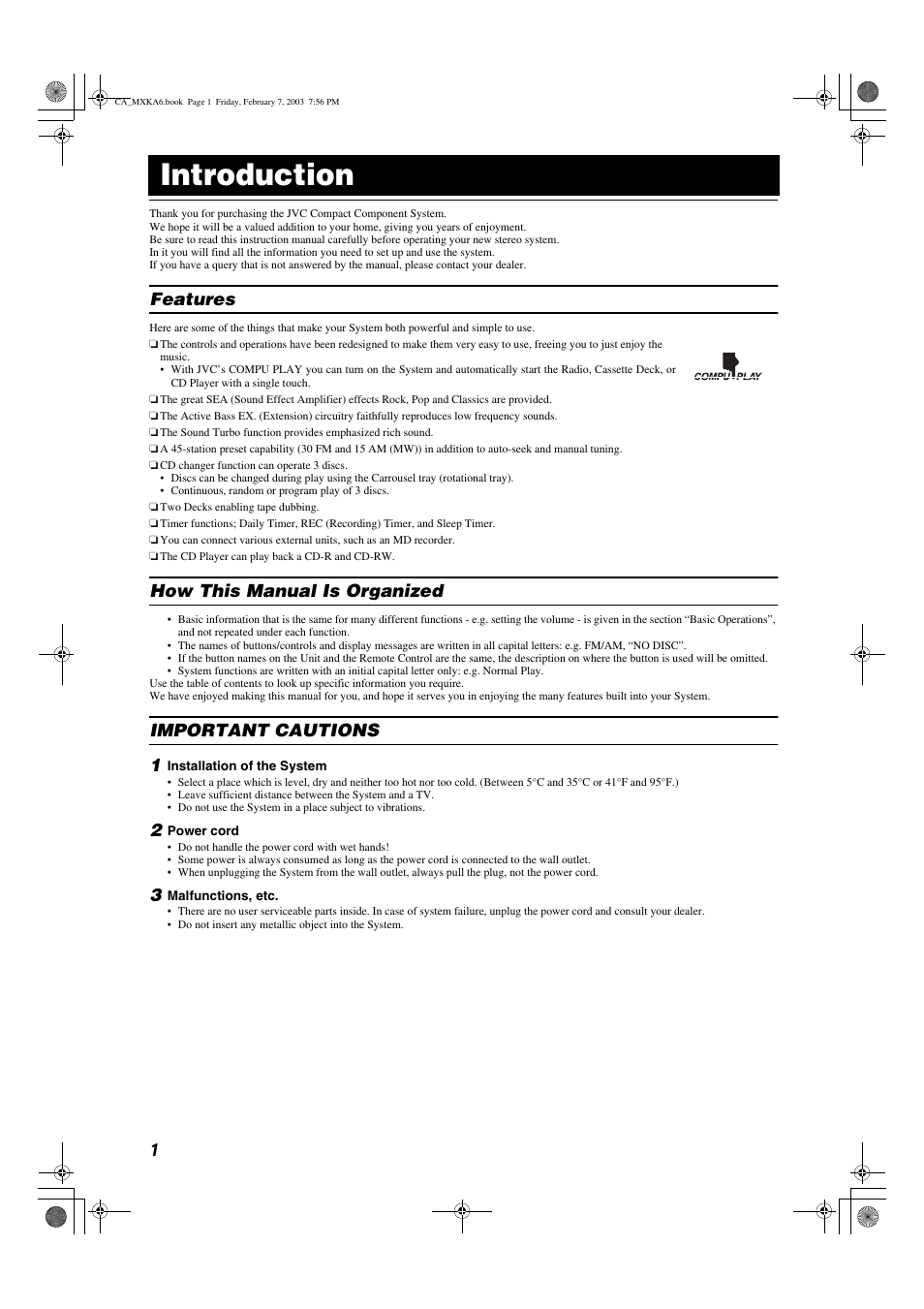 Introduction, Features, How this manual is organized | Important cautions 1 | JVC CA-MXKA6 User Manual | Page 4 / 39