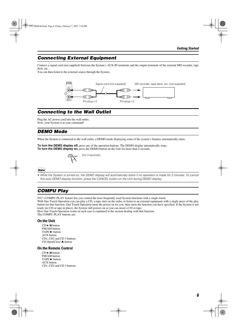 Connecting external equipment, Connecting to the wall outlet, Demo mode | Compu play | JVC CA-MXKA6 User Manual | Page 9 / 39