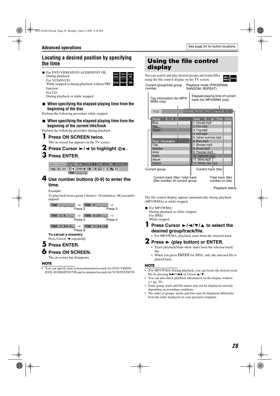 Using the file control display, Locating a desired position by specifying the time | JVC TH-C6 User Manual | Page 31 / 48