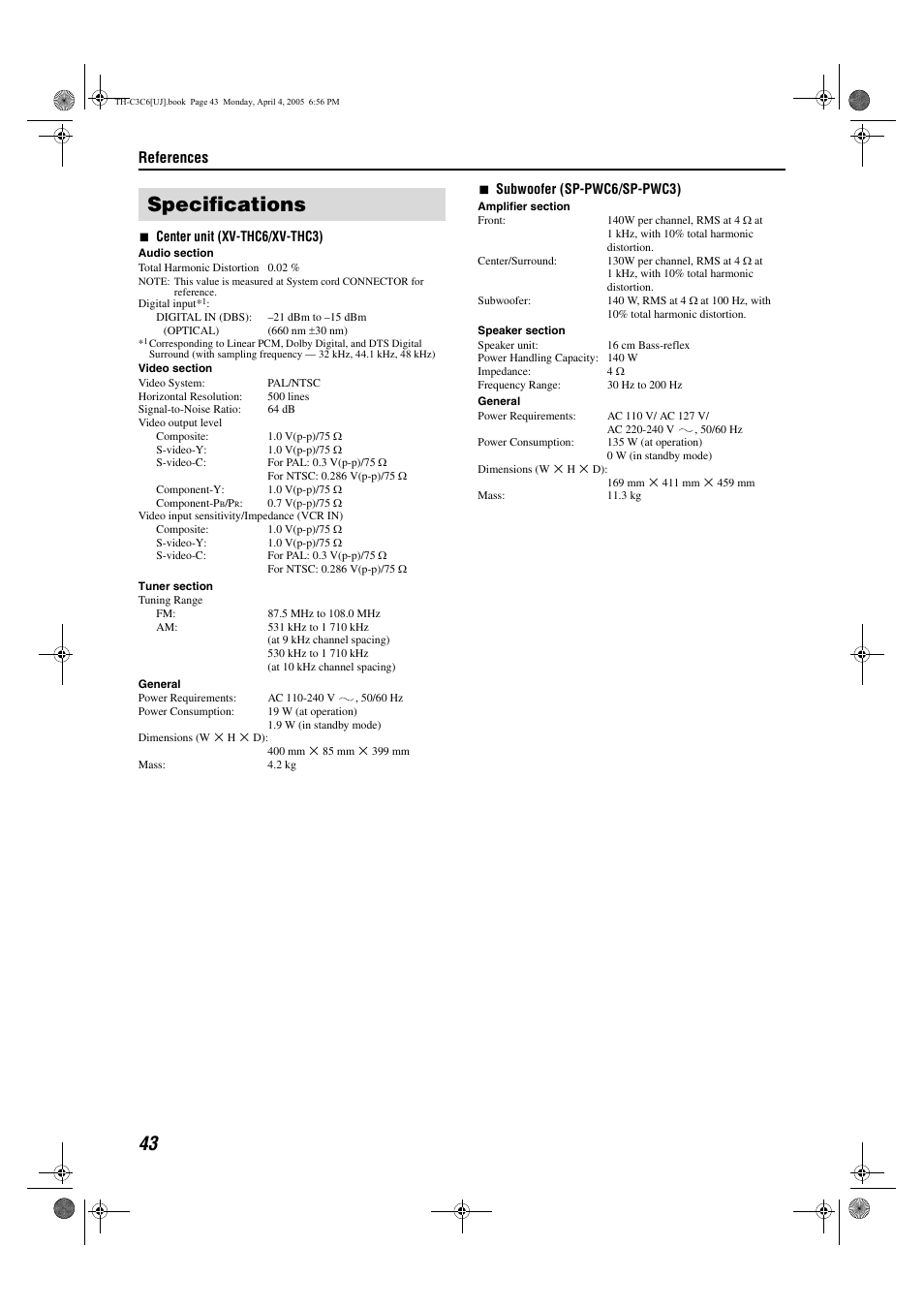 Specifications, References | JVC TH-C6 User Manual | Page 46 / 48