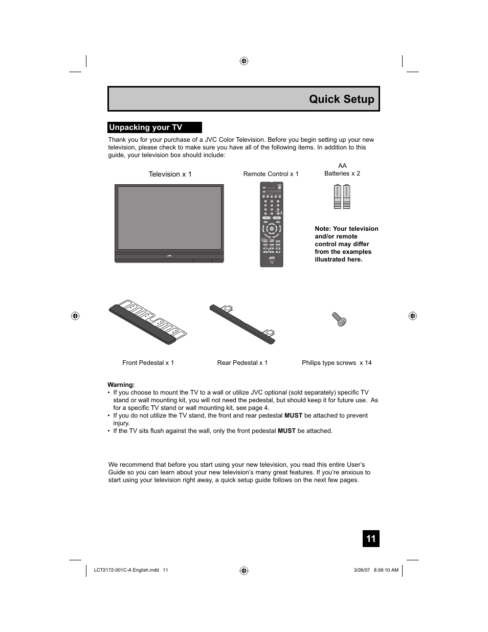 Quick setup, Unpacking your tv, Television x 1 | D/a mode tv stb vcr dvd audio, Tune, Return, Rm-c1400, Aa batteries x 2 | JVC LCT2172-001C-A User Manual | Page 11 / 88