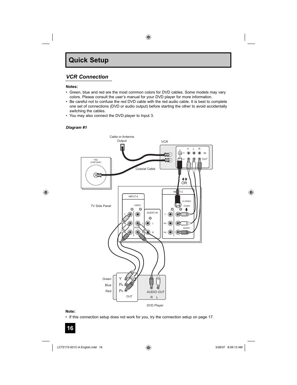 Quick setup, Vcr connection | JVC LCT2172-001C-A User Manual | Page 16 / 88