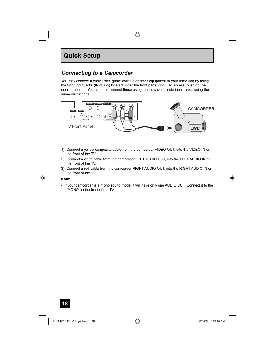 Quick setup, Connecting to a camcorder | JVC LCT2172-001C-A User Manual | Page 18 / 88