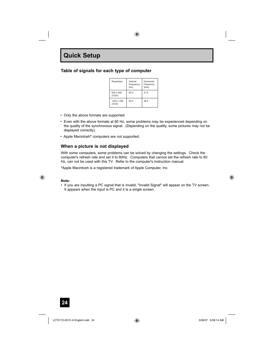 Quick setup, Table of signals for each type of computer, When a picture is not displayed | JVC LCT2172-001C-A User Manual | Page 24 / 88