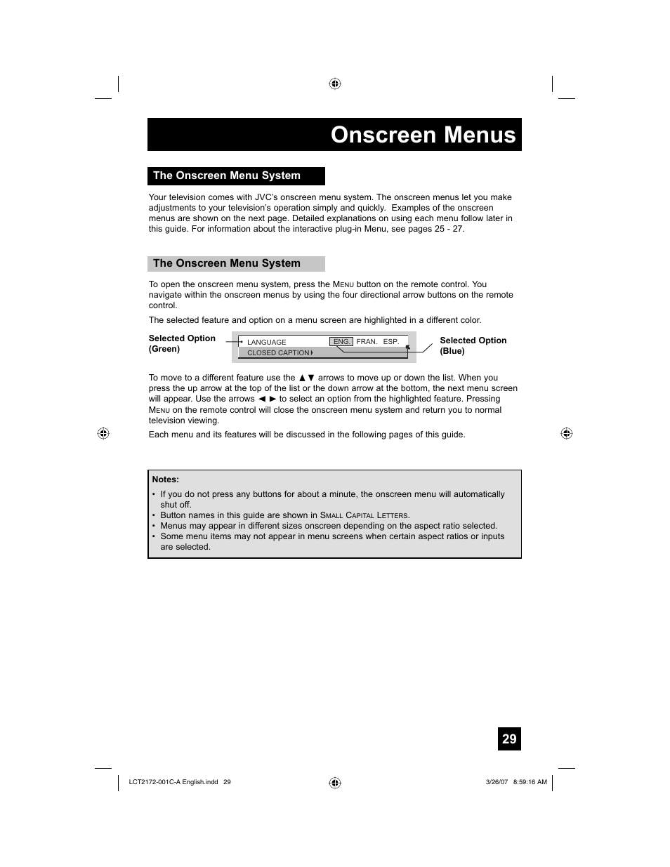 The onscreen menu system, Onscreen menus | JVC LCT2172-001C-A User Manual | Page 29 / 88