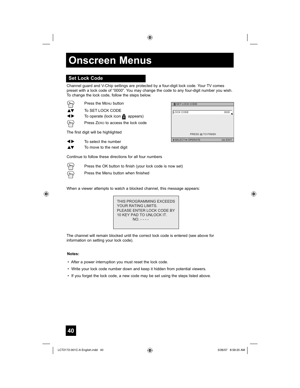 Set lock code, Onscreen menus | JVC LCT2172-001C-A User Manual | Page 40 / 88