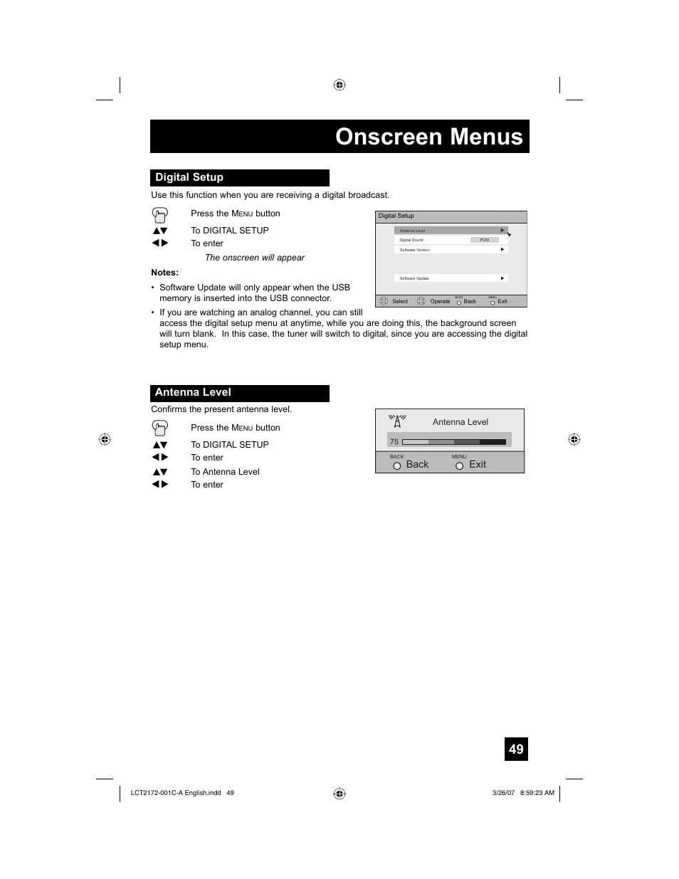 Digital setup, Antenna level, Onscreen menus | JVC LCT2172-001C-A User Manual | Page 49 / 88