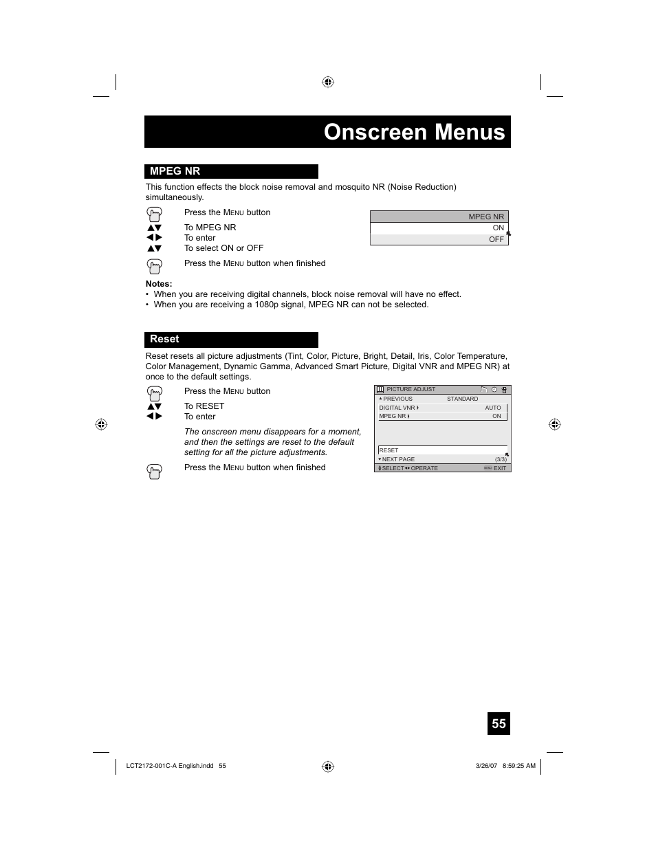 Mpeg nr, Reset, Onscreen menus | JVC LCT2172-001C-A User Manual | Page 55 / 88