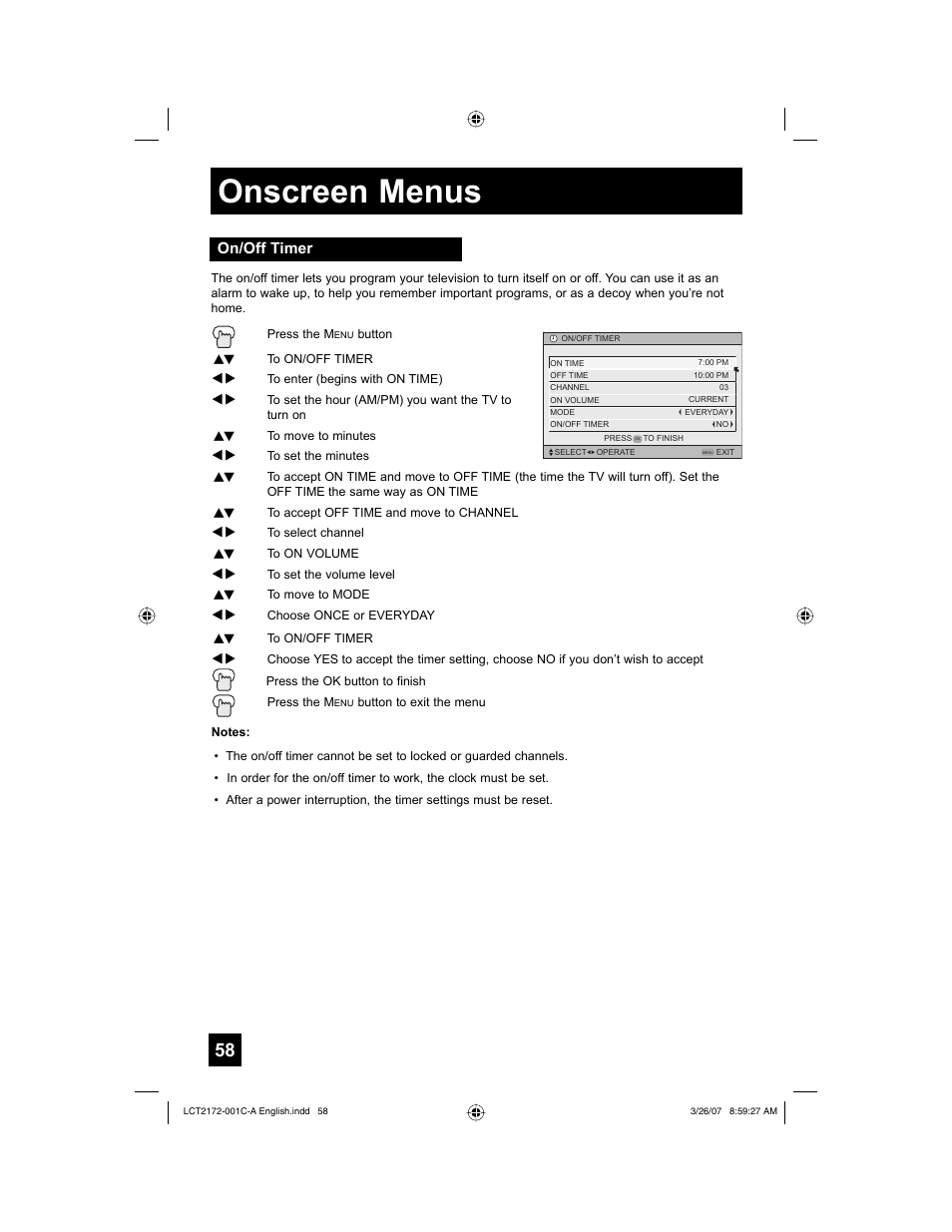 On/off timer, Onscreen menus | JVC LCT2172-001C-A User Manual | Page 58 / 88