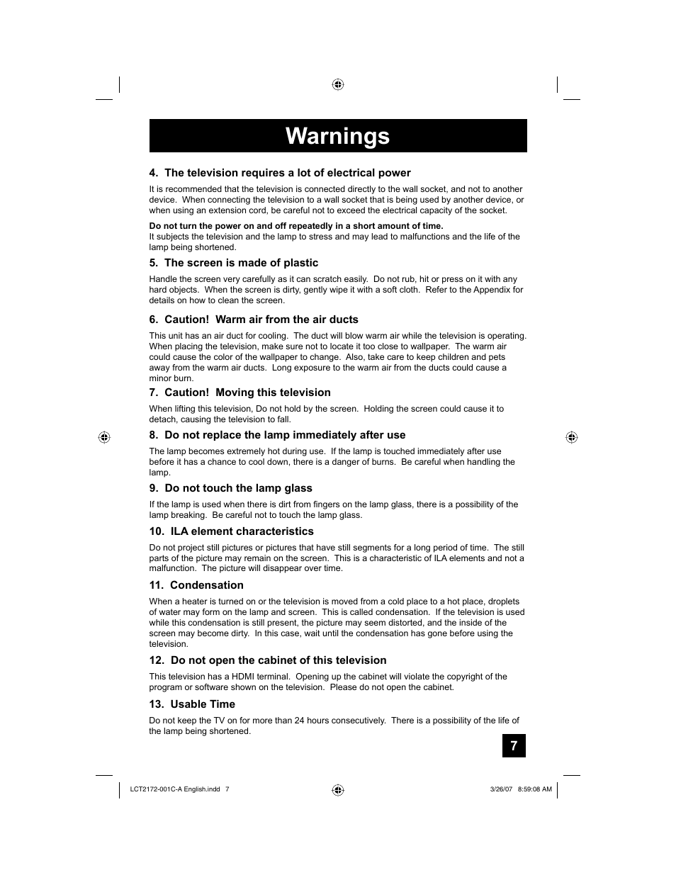 Warnings | JVC LCT2172-001C-A User Manual | Page 7 / 88