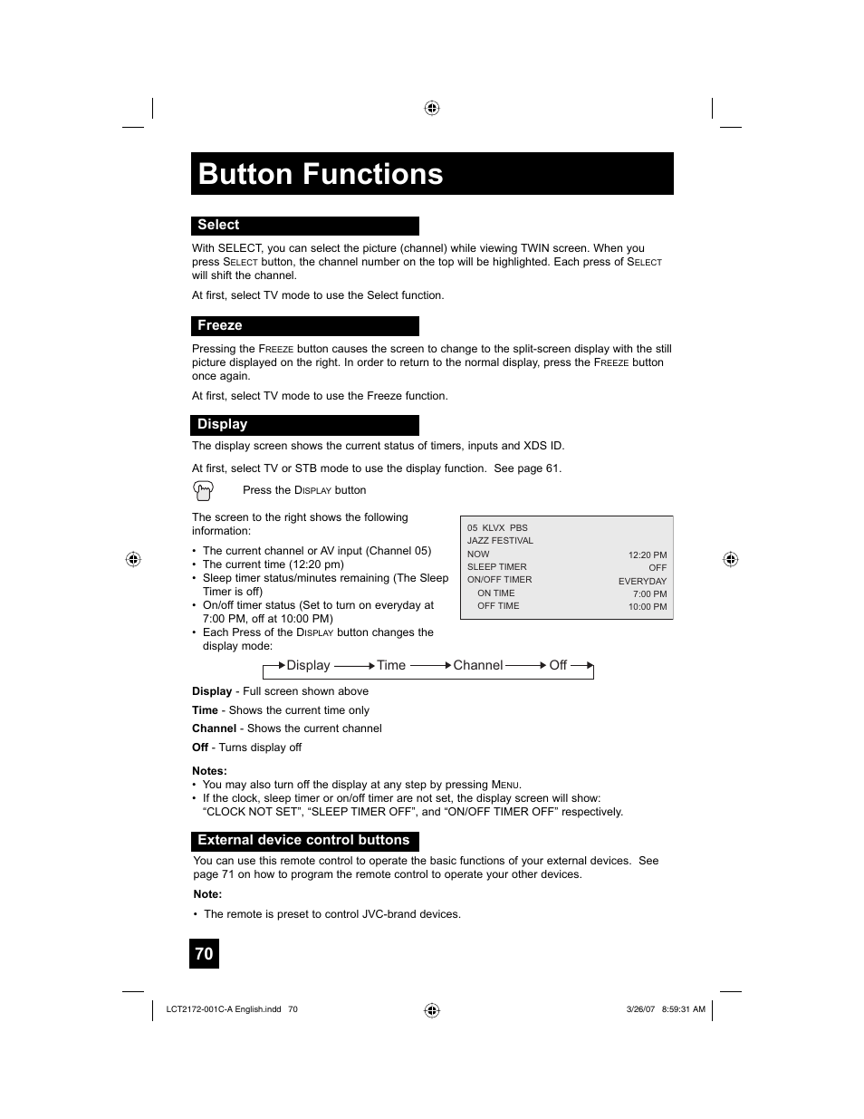 Select, Freeze, Display | External device control buttons, Button functions | JVC LCT2172-001C-A User Manual | Page 70 / 88