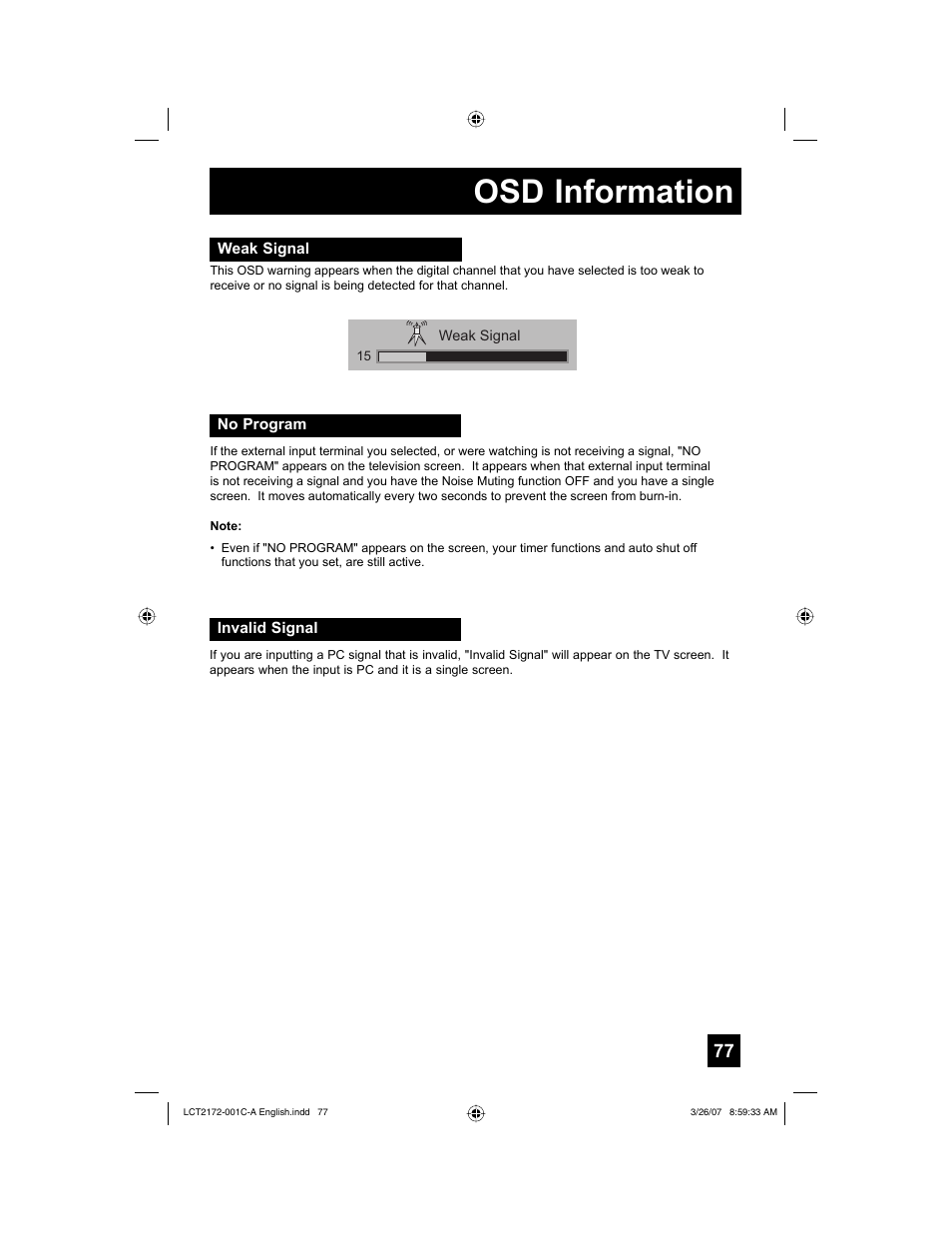 Osd information, Weak signal, No program | Invalid signal | JVC LCT2172-001C-A User Manual | Page 77 / 88
