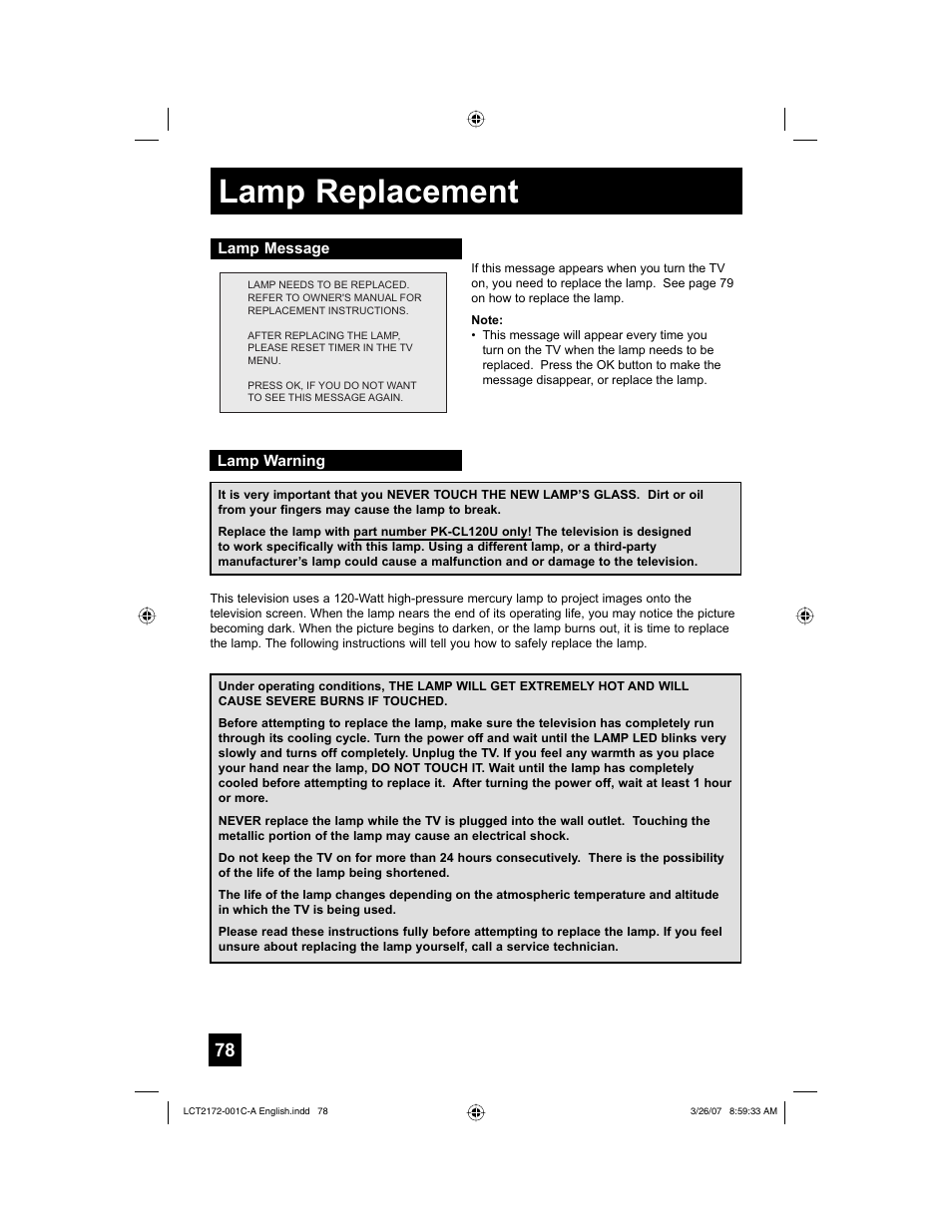 Lamp replacement, Lamp message, Lamp warning | JVC LCT2172-001C-A User Manual | Page 78 / 88