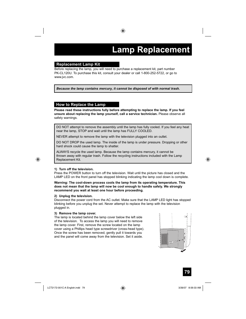 Replacement lamp kit, How to replace the lamp, Lamp replacement | JVC LCT2172-001C-A User Manual | Page 79 / 88