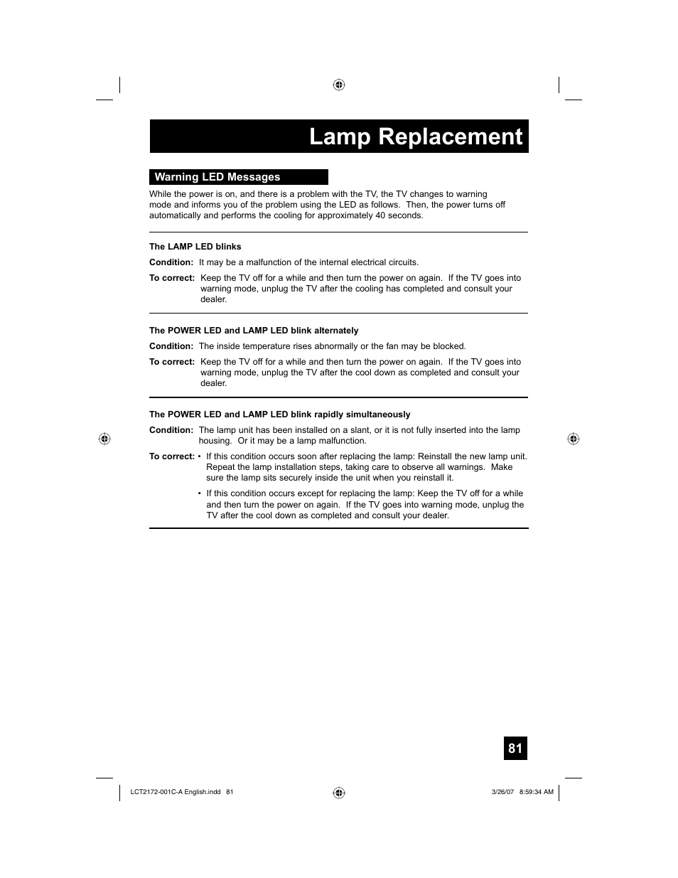 Warning led messages, Lamp replacement | JVC LCT2172-001C-A User Manual | Page 81 / 88