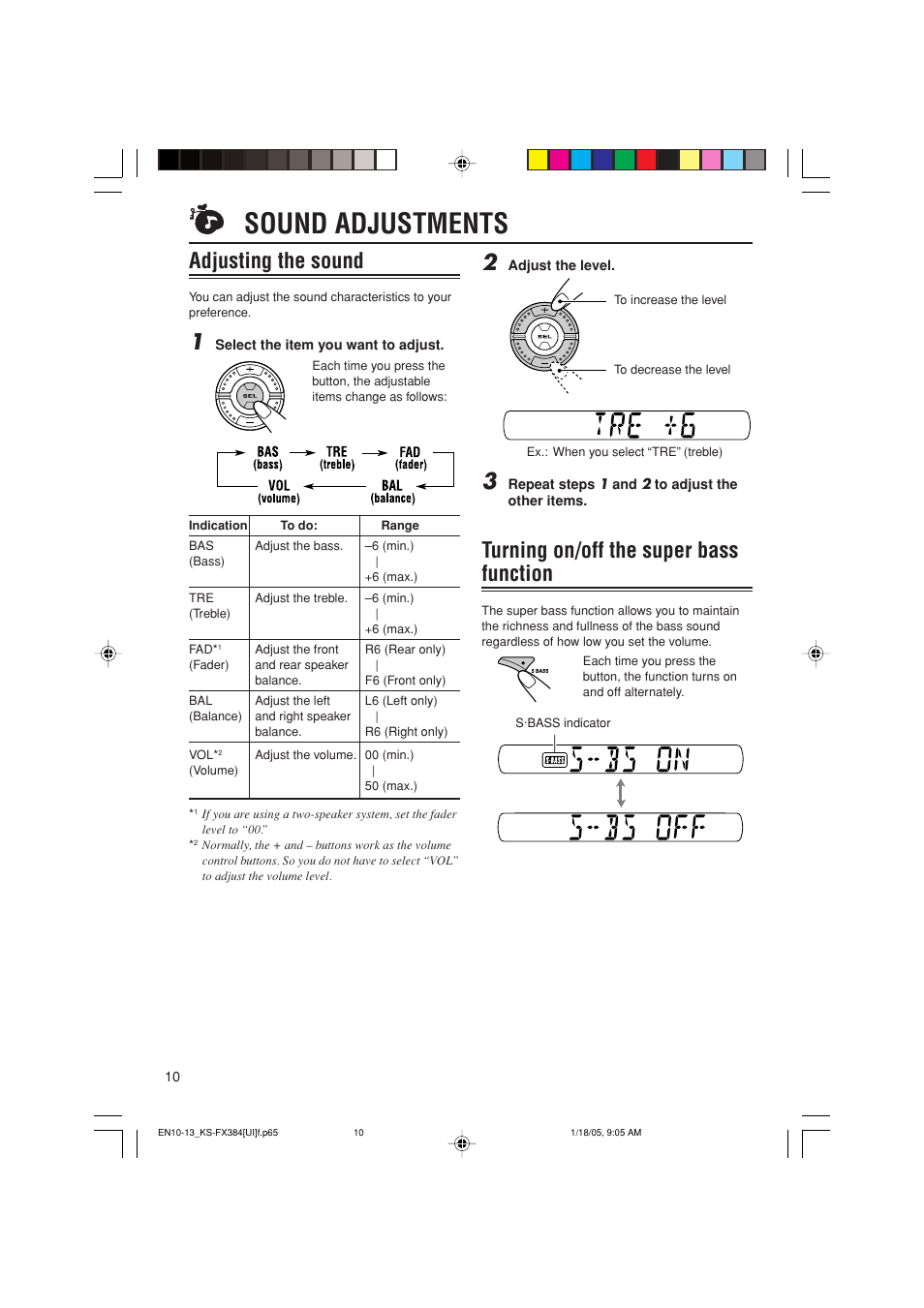 Sound adjustments, Adjusting the sound, Turning on/off the super bass function | JVC GET0309-001A User Manual | Page 10 / 20