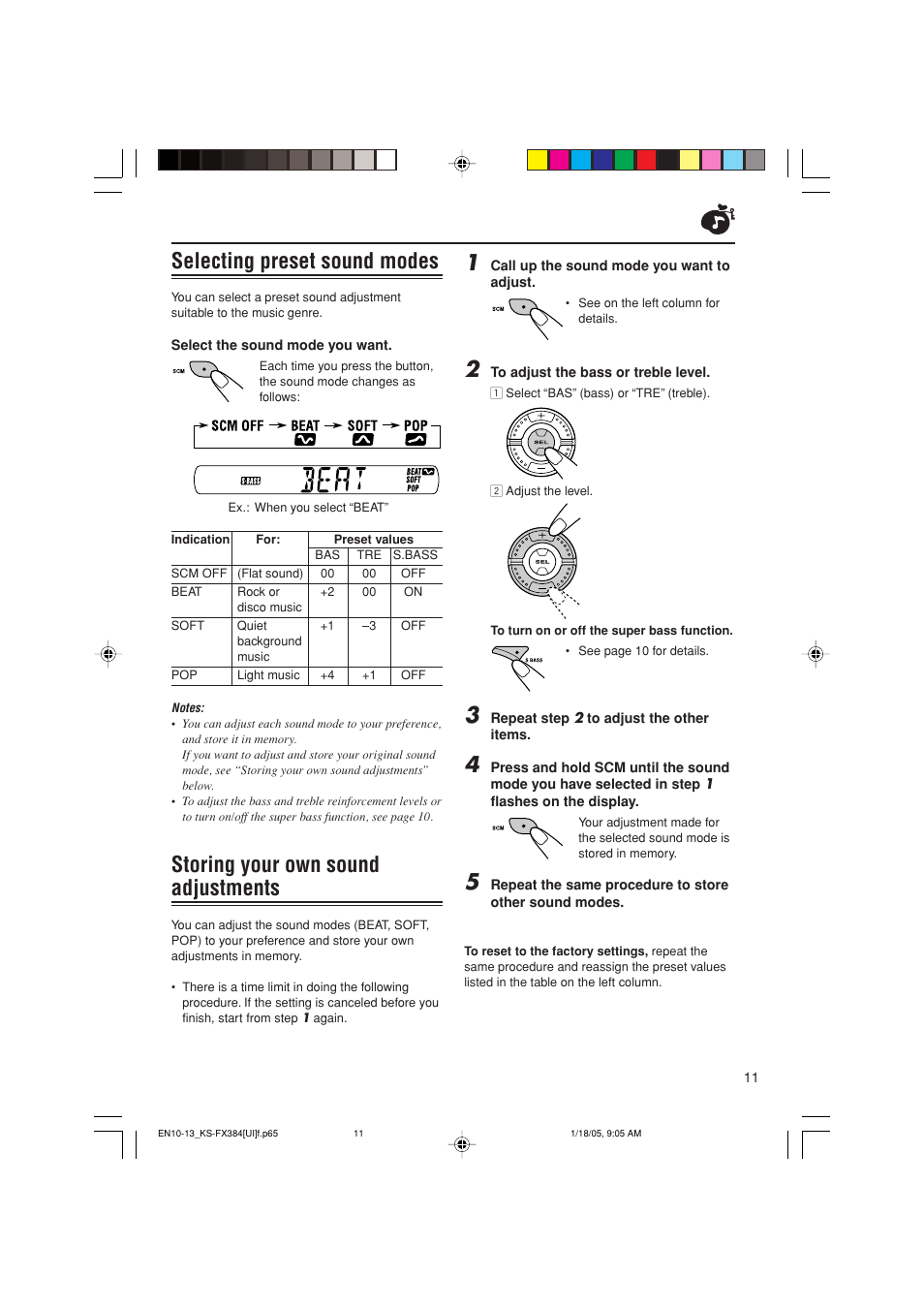 Selecting preset sound modes, Storing your own sound adjustments | JVC GET0309-001A User Manual | Page 11 / 20