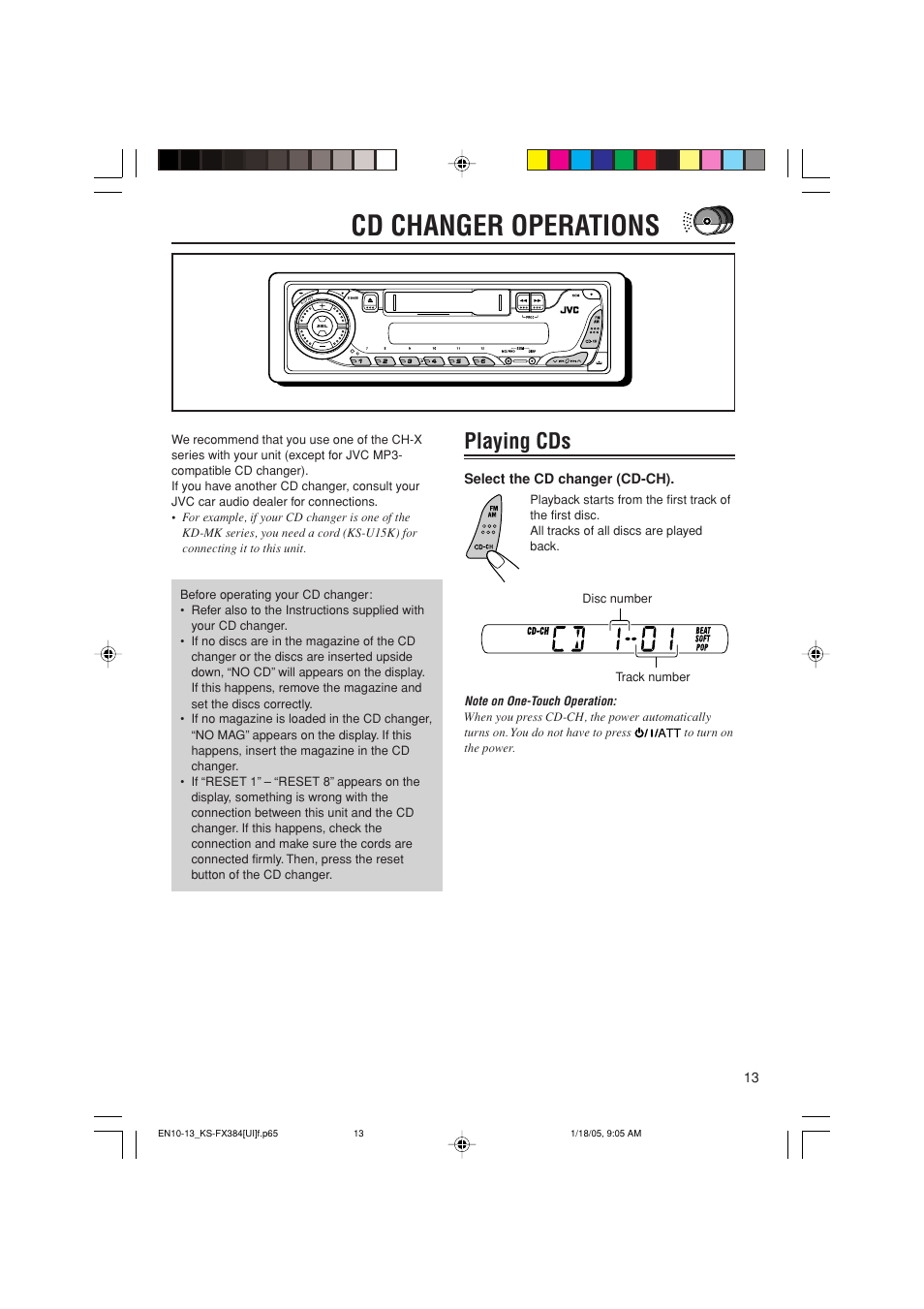 Cd changer operations, Playing cds | JVC GET0309-001A User Manual | Page 13 / 20