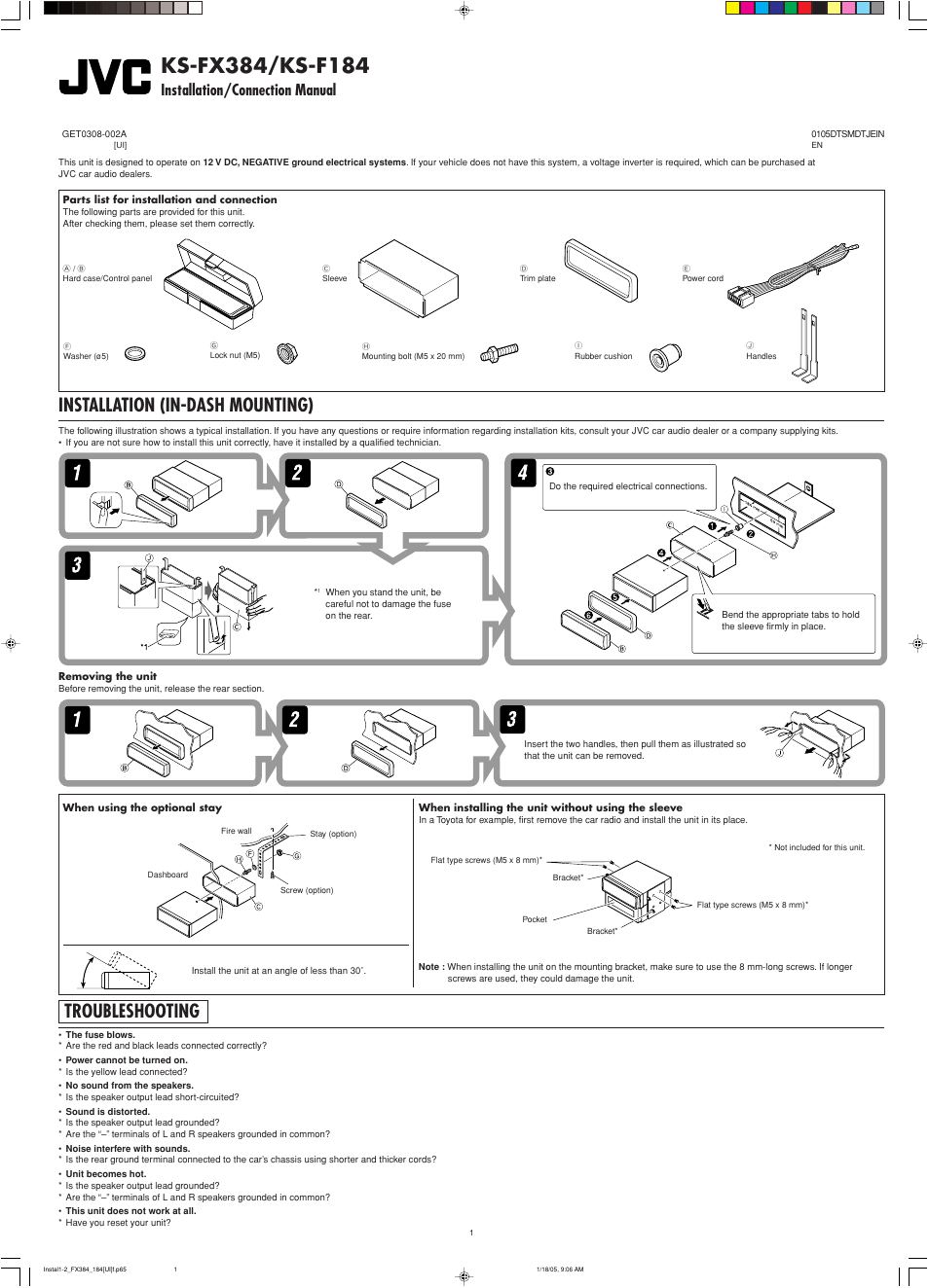 Installation/connection manual, Installation, Troubleshooting | Installation (in-dash mounting) | JVC GET0309-001A User Manual | Page 19 / 20