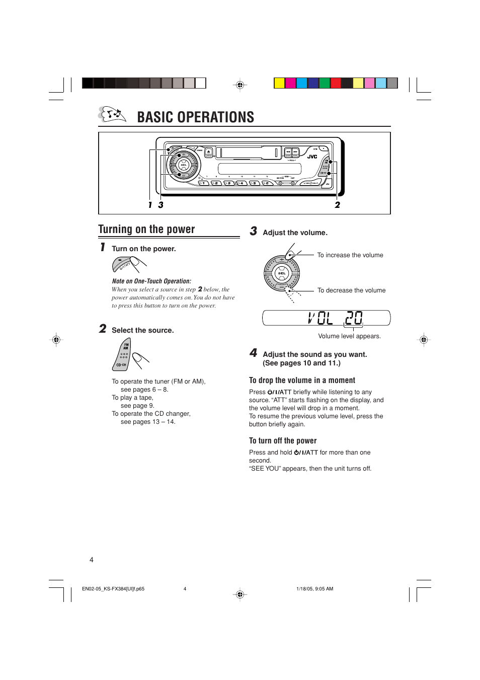 Basic operations, Turning on the power 1 | JVC GET0309-001A User Manual | Page 4 / 20