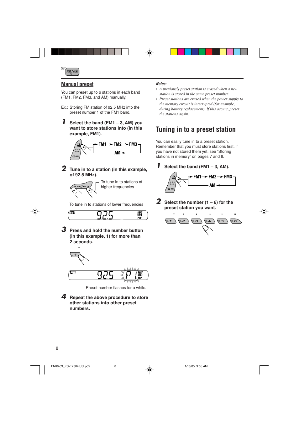 Tuning in to a preset station | JVC GET0309-001A User Manual | Page 8 / 20