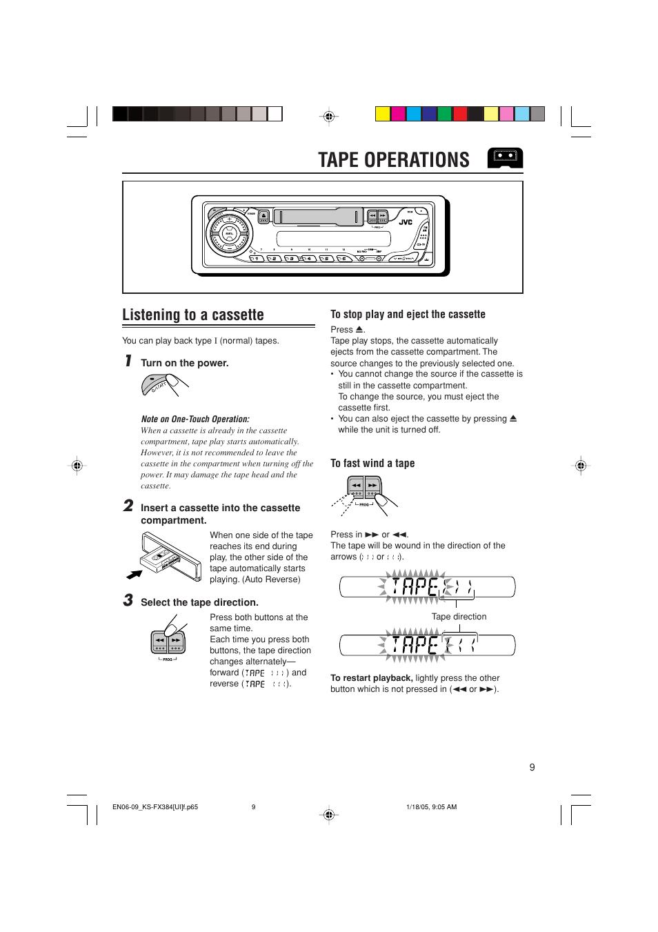 Tape operations, Listening to a cassette | JVC GET0309-001A User Manual | Page 9 / 20