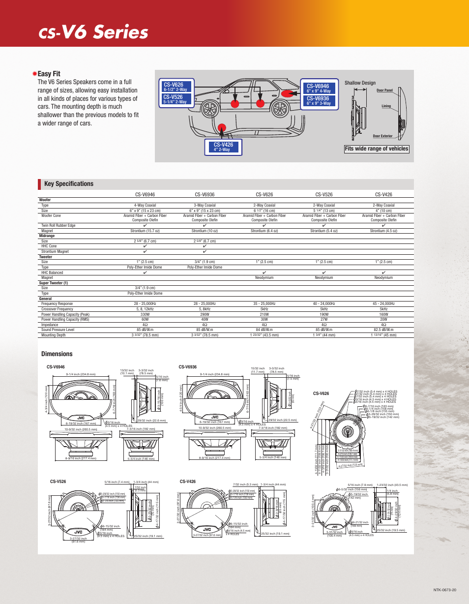 V6 series, 2010 jvc product tech guide, C m y k | Easy fit, Key specifications, Dimensions, Fits wide range of vehicles | JVC CS-V6 SERIES CS-V6936 User Manual | Page 2 / 2