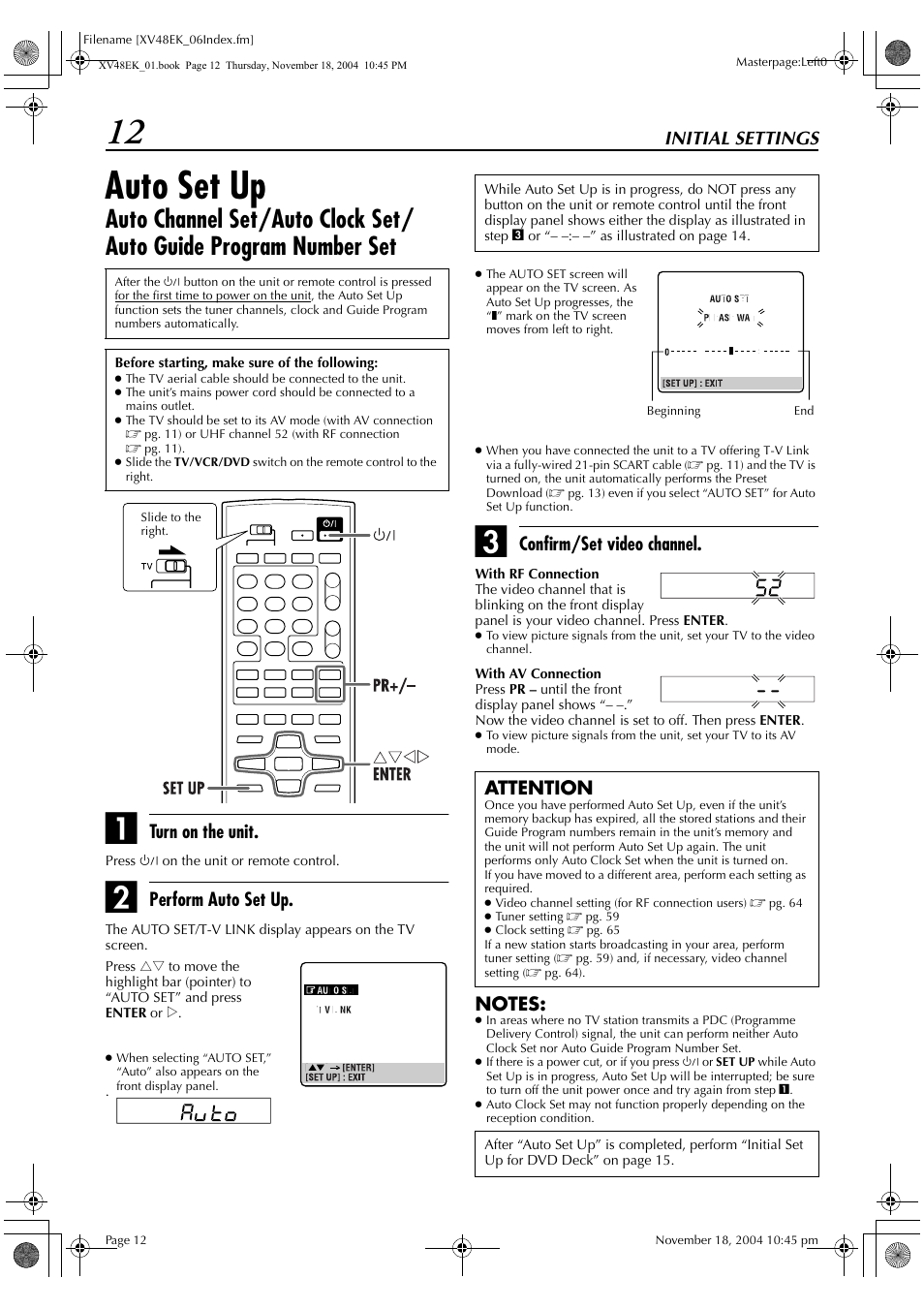 Auto set up, Initial settings, Turn on the unit | Perform auto set up, Confirm/set video channel, Attention | JVC HR-XV48EK User Manual | Page 12 / 72