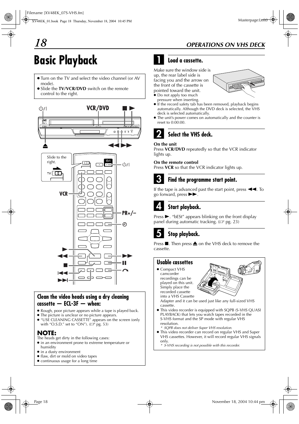 Basic playback | JVC HR-XV48EK User Manual | Page 18 / 72