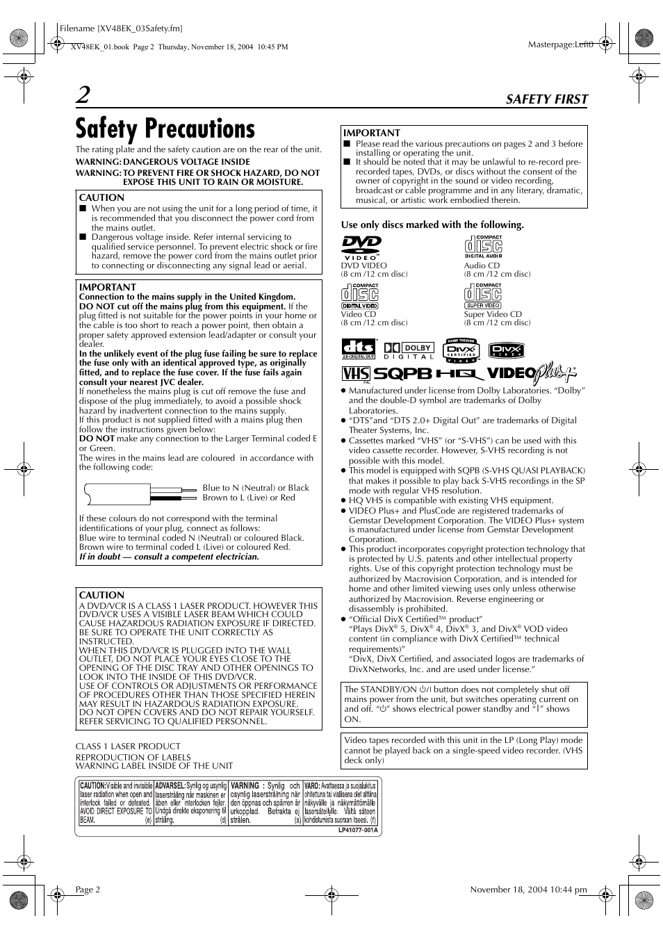 Safety precautions, Safety first | JVC HR-XV48EK User Manual | Page 2 / 72