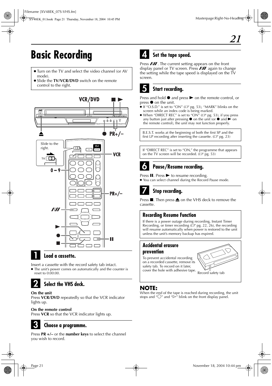 Basic recording | JVC HR-XV48EK User Manual | Page 21 / 72