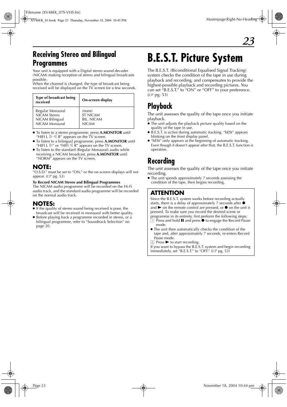 B.e.s.t. picture system, Receiving stereo and bilingual programmes, Playback | Recording, Attention | JVC HR-XV48EK User Manual | Page 23 / 72