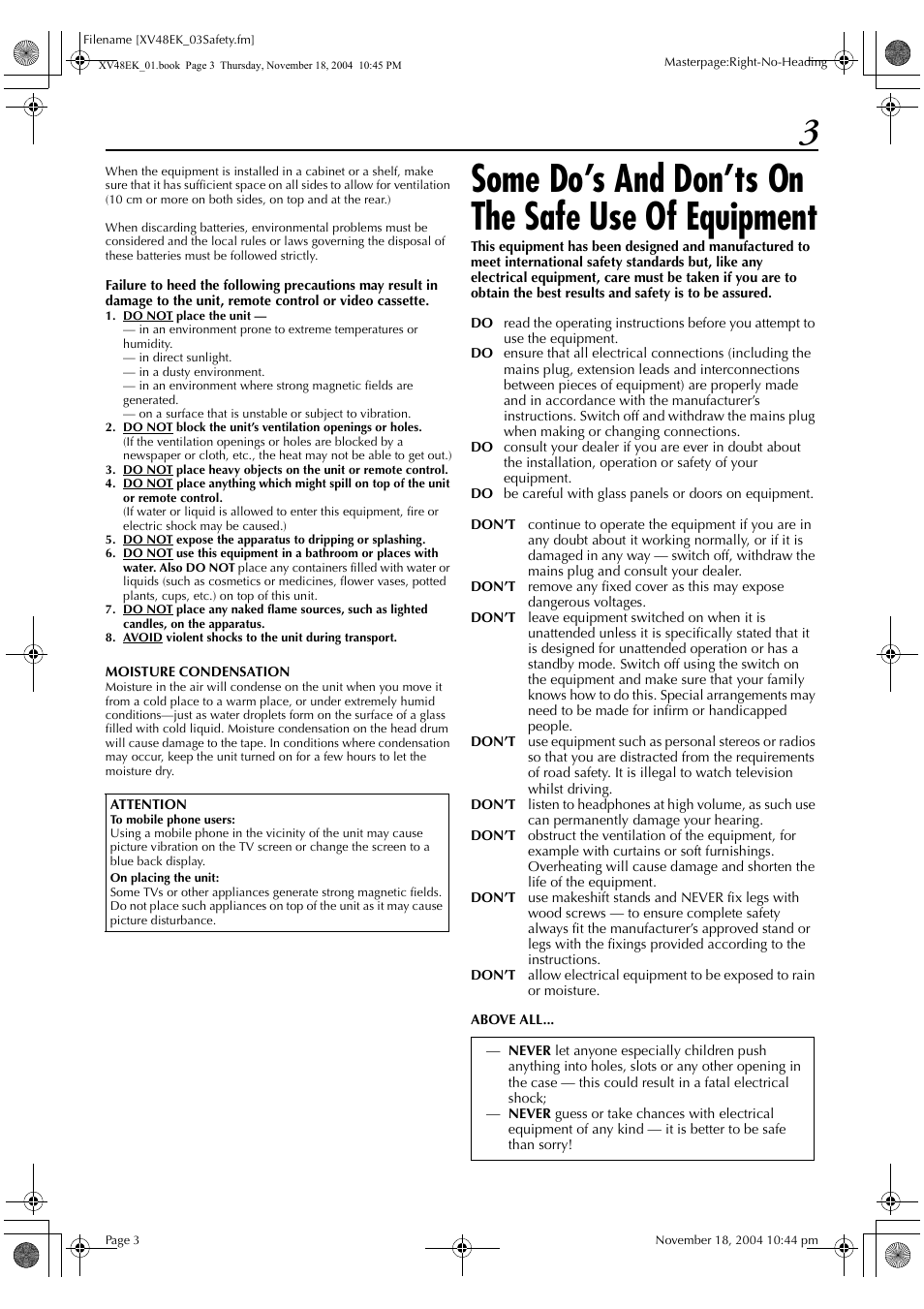 Some do’s and don’ts on the safe use of equipment | JVC HR-XV48EK User Manual | Page 3 / 72