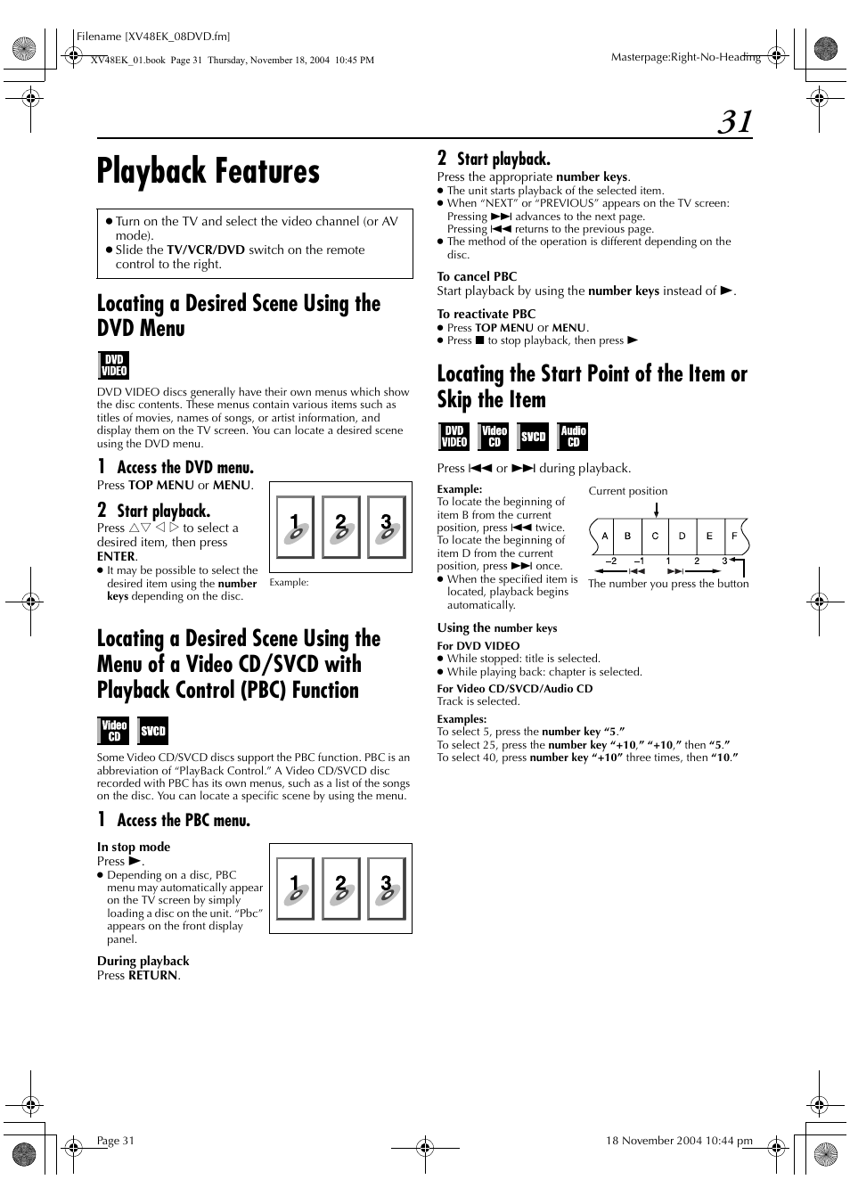 Playback features, Locating a desired scene using the dvd menu, Access the dvd menu | Start playback, Access the pbc menu | JVC HR-XV48EK User Manual | Page 31 / 72