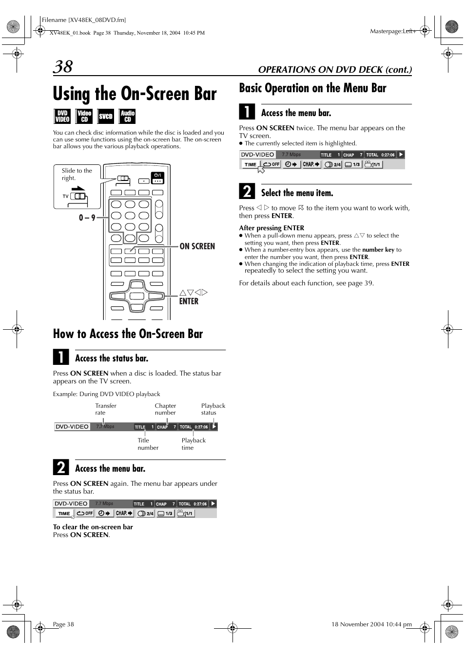 38 using the on-screen bar, How to access the on-screen bar, Basic operation on the menu bar | JVC HR-XV48EK User Manual | Page 38 / 72