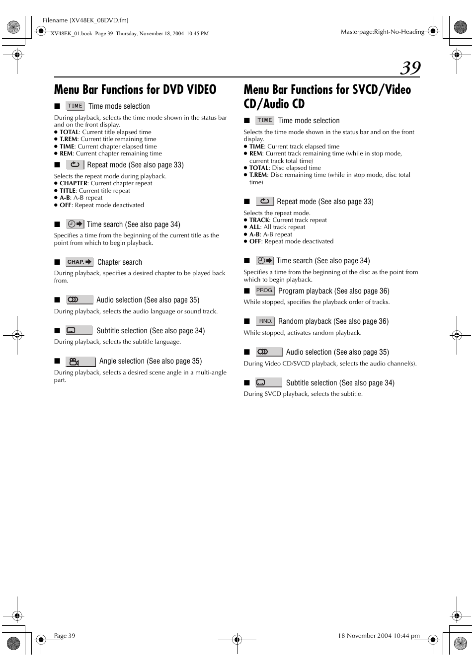 Menu bar functions for dvd video, Menu bar functions for svcd/video cd/audio cd | JVC HR-XV48EK User Manual | Page 39 / 72