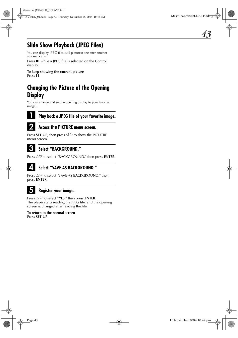 Slide show playback (jpeg files), Changing the picture of the opening display | JVC HR-XV48EK User Manual | Page 43 / 72