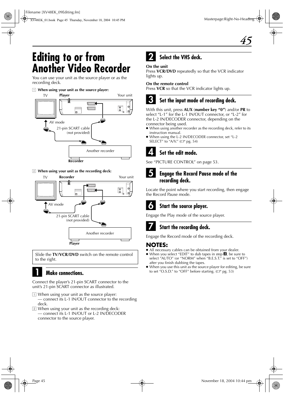 Editing to or from another video recorder | JVC HR-XV48EK User Manual | Page 45 / 72