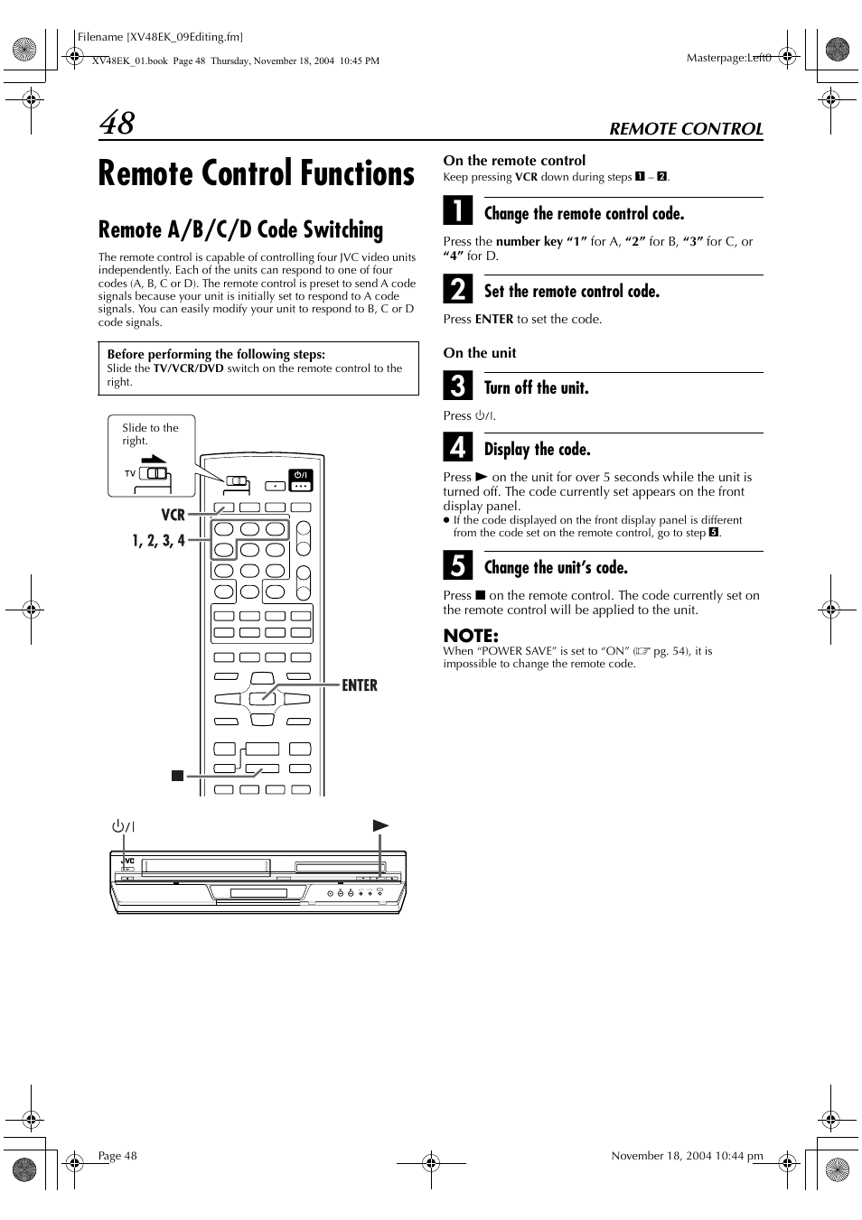 Remote control functions, Remote a/b/c/d code switching | JVC HR-XV48EK User Manual | Page 48 / 72