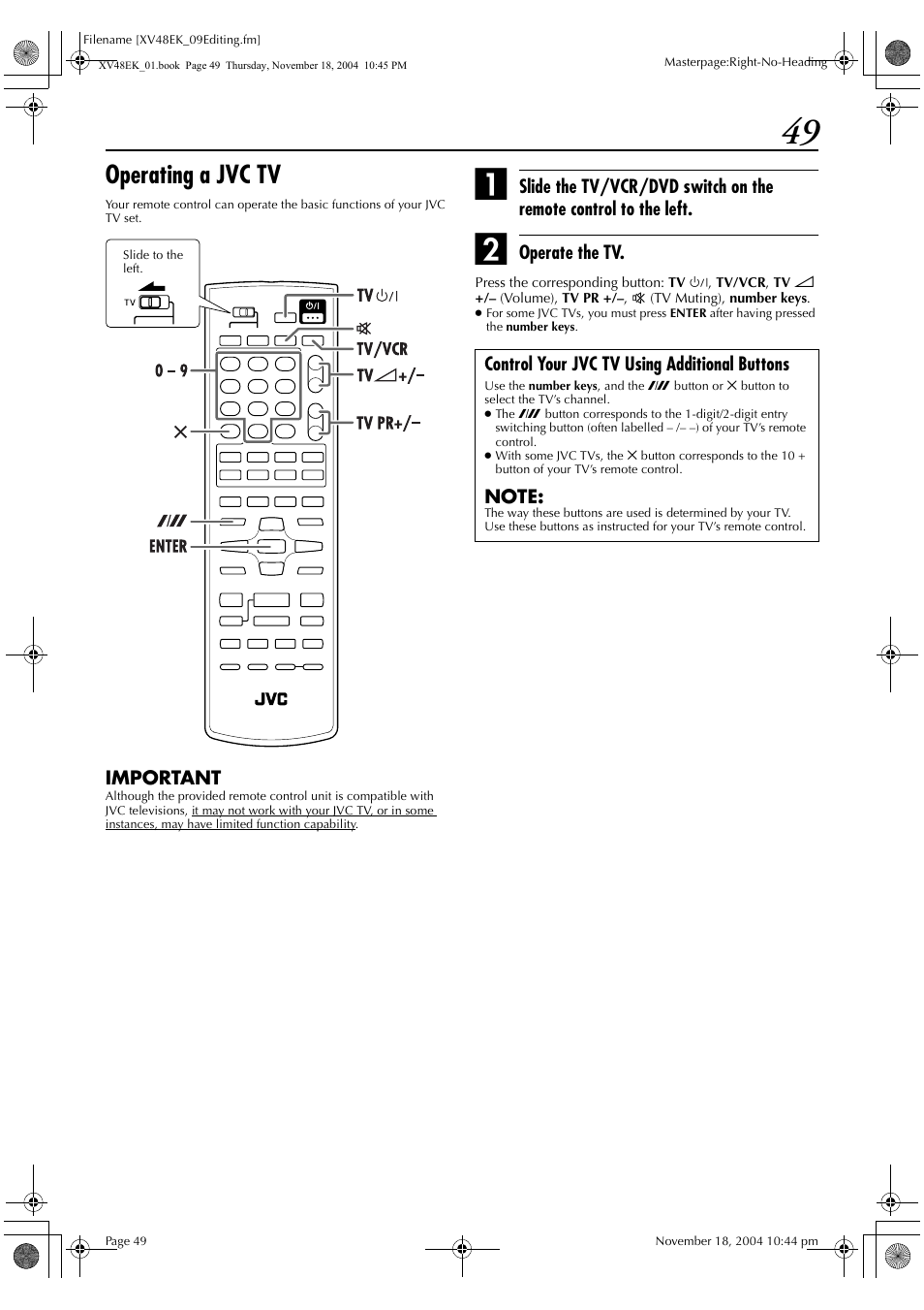 Operating a jvc tv | JVC HR-XV48EK User Manual | Page 49 / 72