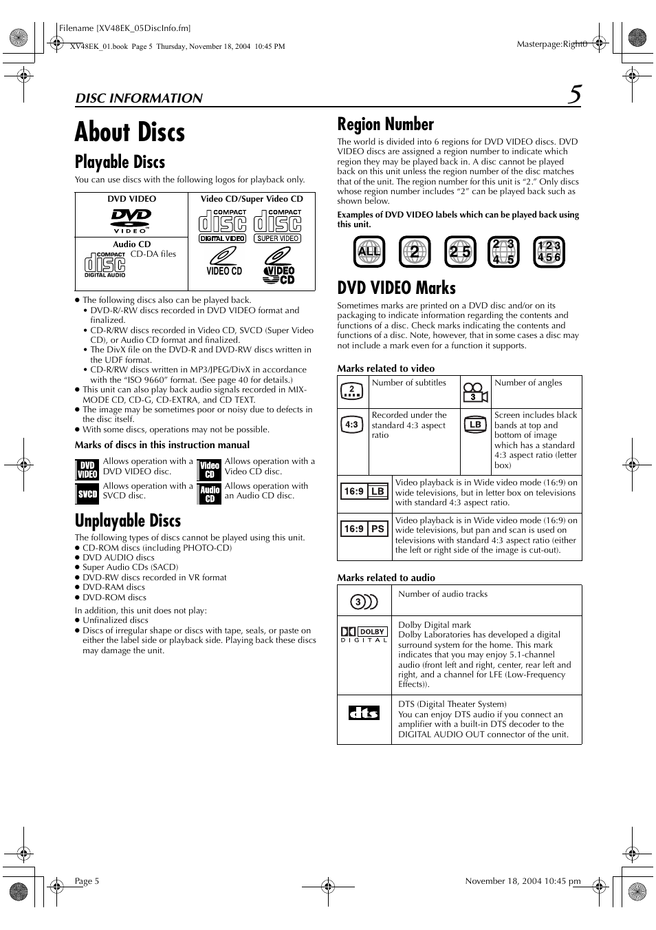 About discs, Playable discs, Unplayable discs | Region number, Dvd video marks, Disc information | JVC HR-XV48EK User Manual | Page 5 / 72
